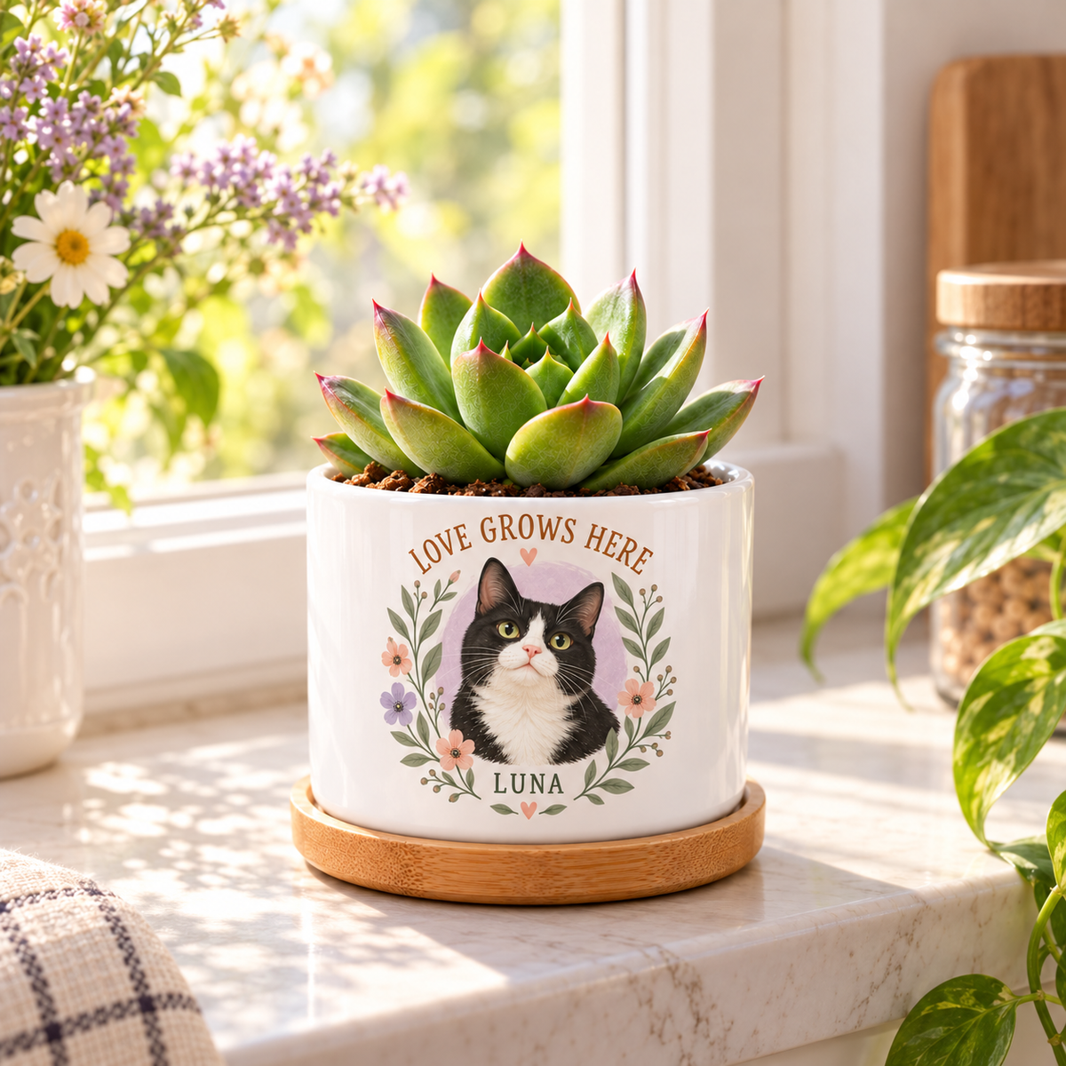 Love Grows Here personalized pet plant pot in a real-life setting