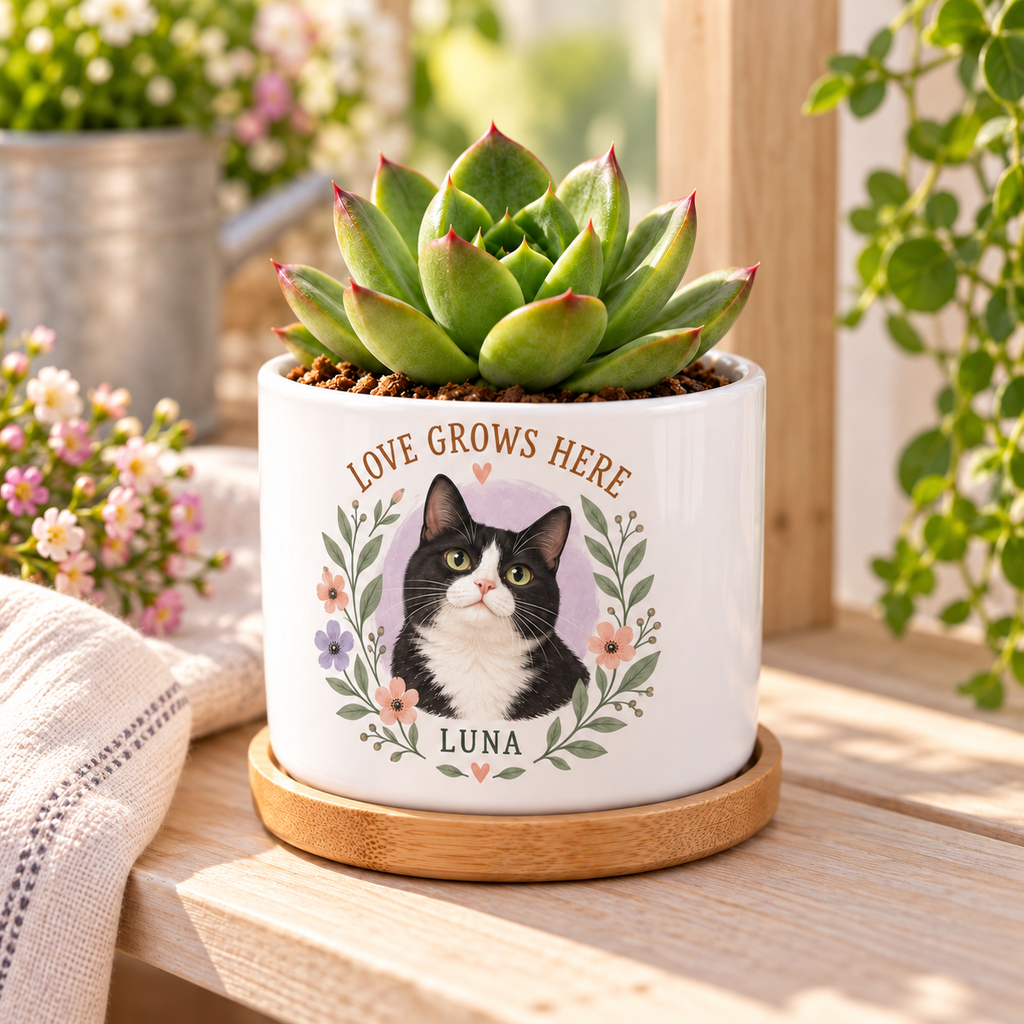 Love Grows Here personalized pet plant pot side-angle lifestyle