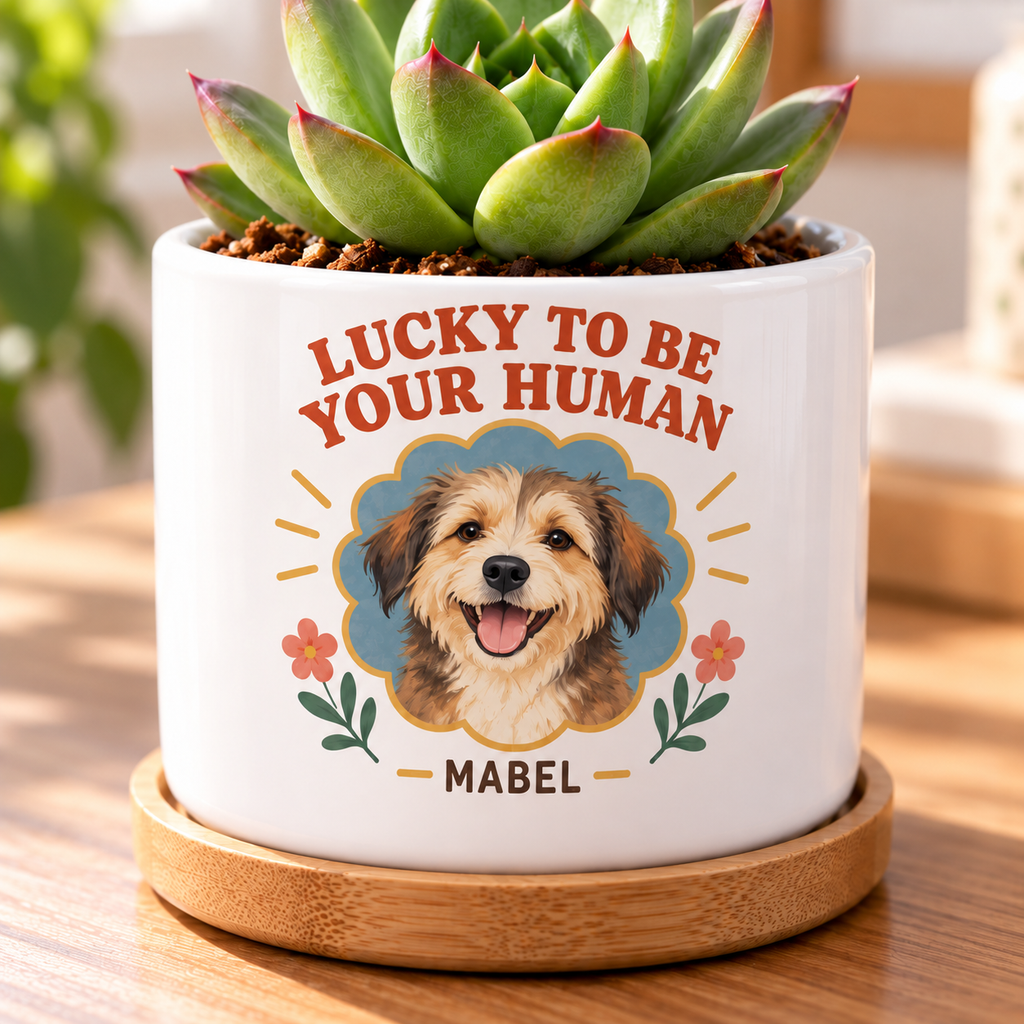 Lucky to Be Your Human personalized pet plant pot close-up