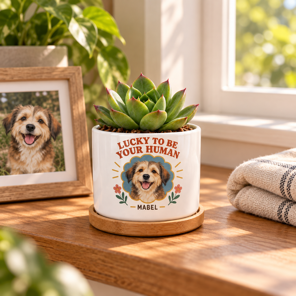 Lucky to Be Your Human personalized pet plant pot in a real-life setting