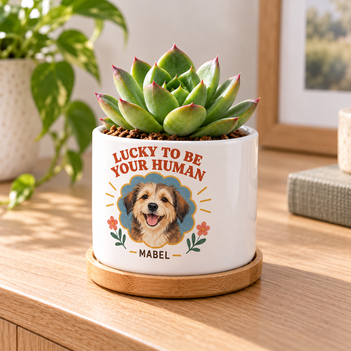 Lucky to Be Your Human personalized pet plant pot side-angle lifestyle