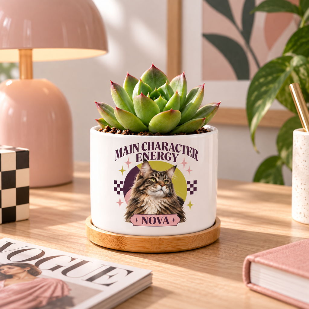 Main Character Energy personalized pet plant pot in a real-life setting