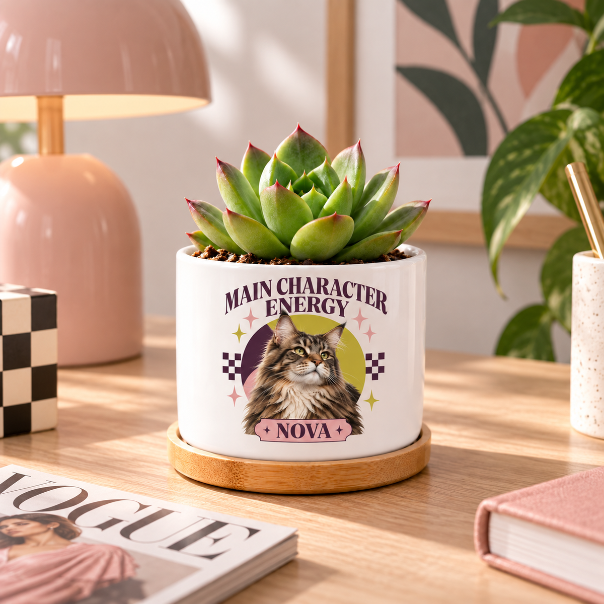 Main Character Energy personalized pet plant pot in a real-life setting