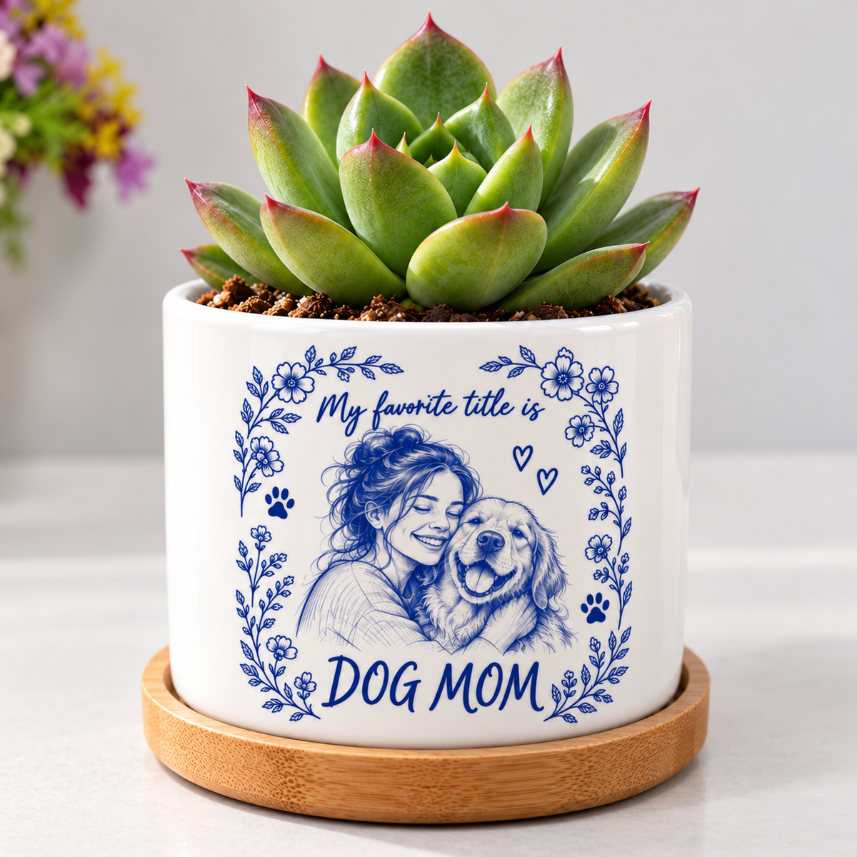 My Favorite Title Is Dog Mom personalized pet plant pot close-up