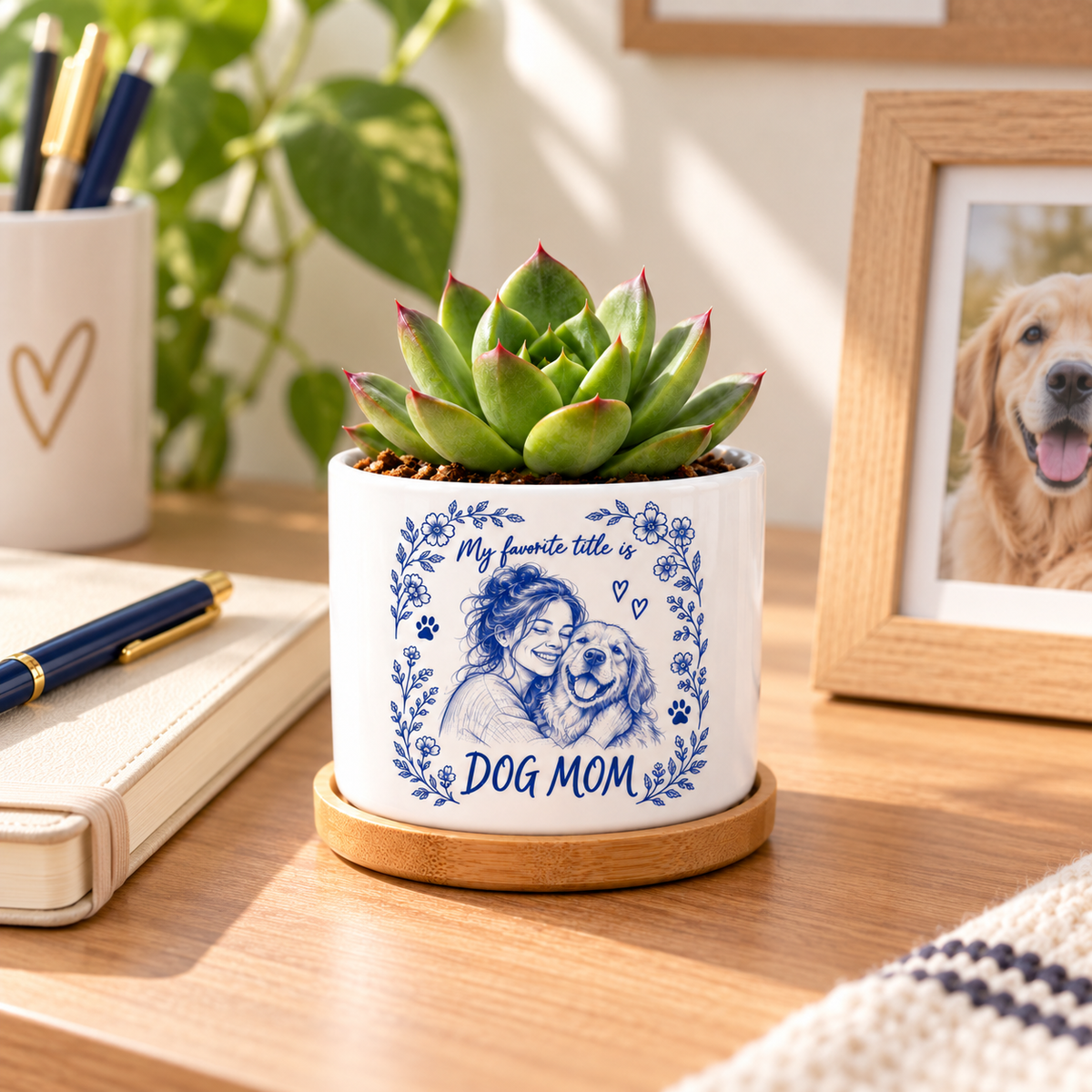 My Favorite Title Is Dog Mom personalized pet plant pot in a real-life setting