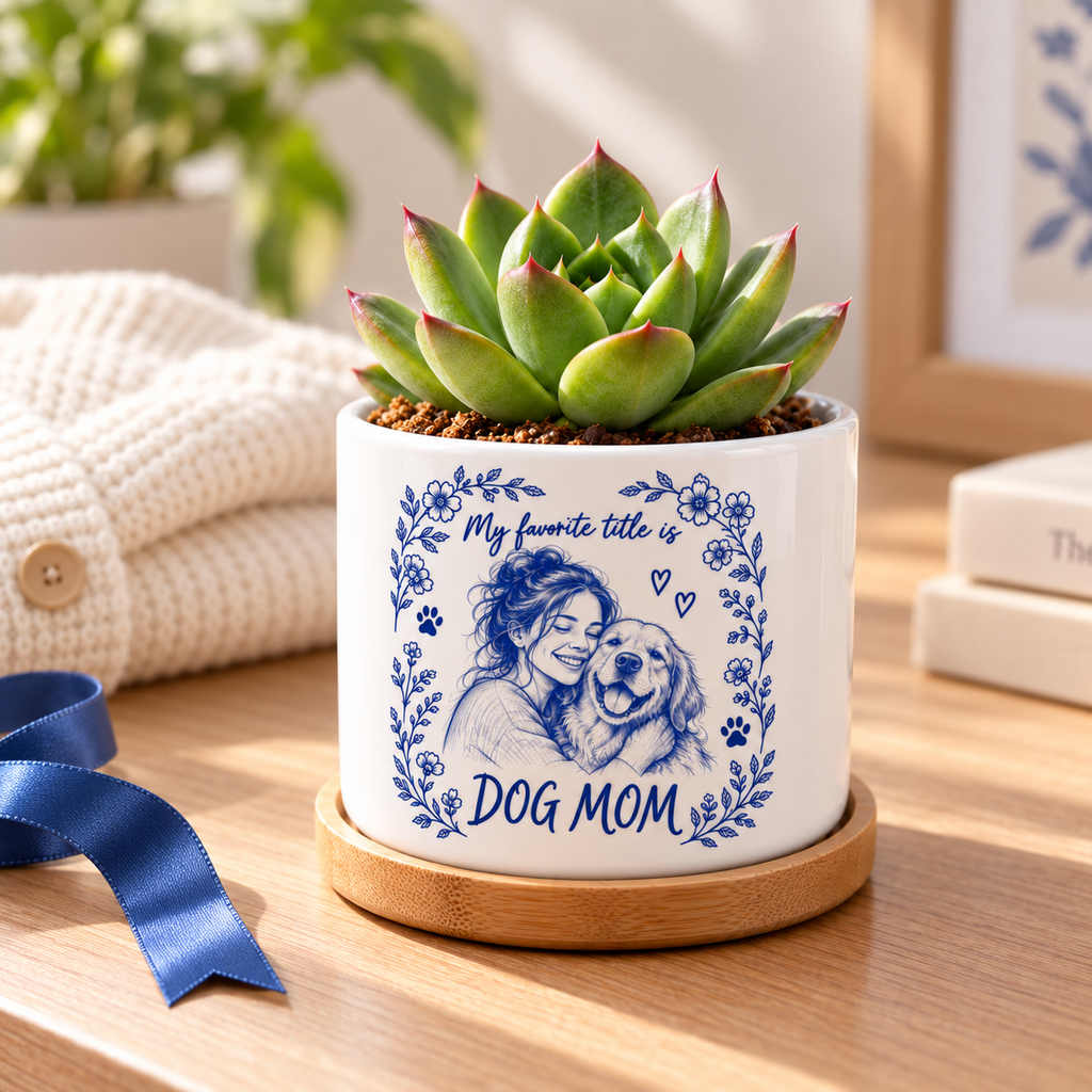 My Favorite Title Is Dog Mom personalized pet plant pot side-angle lifestyle