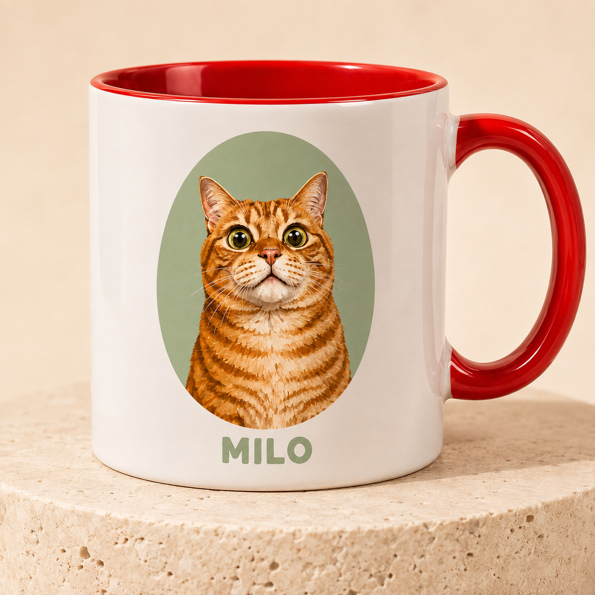 Personalized orange tabby cat portrait mug with custom name Milo