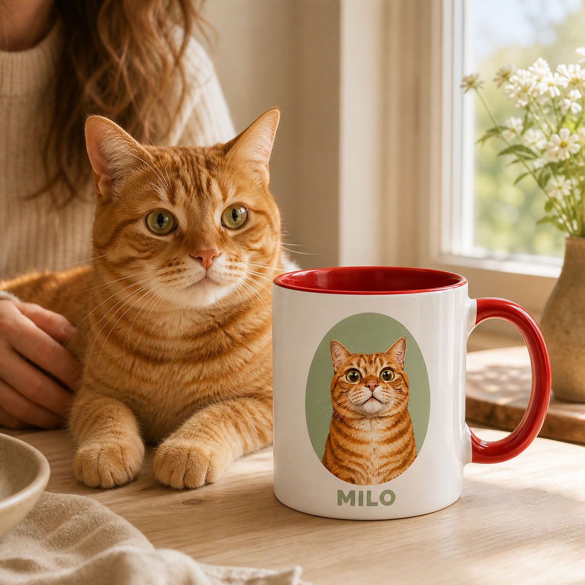 Personalized funny cat portrait mug with orange tabby in a sunny home