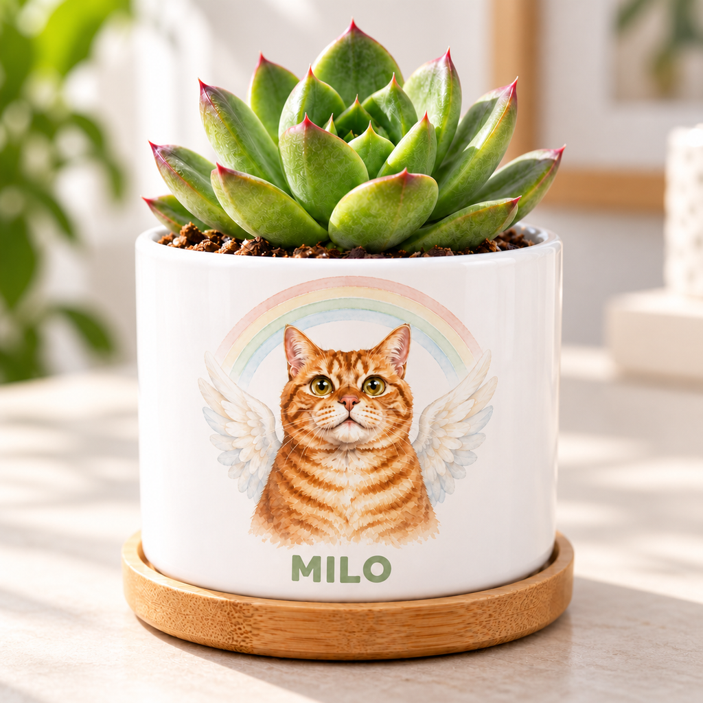 Rainbow Bridge Wings personalized pet plant pot close-up
