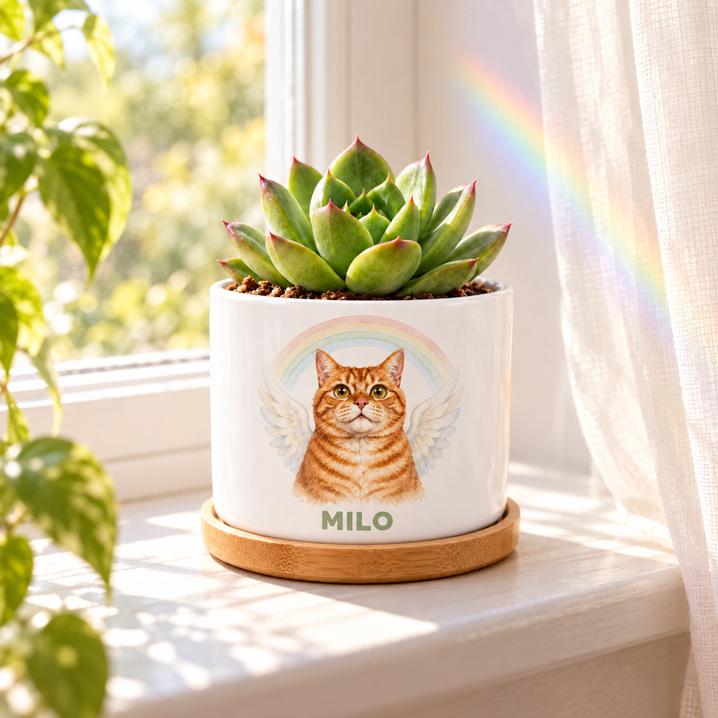 Rainbow Bridge Wings personalized pet plant pot in a real-life setting