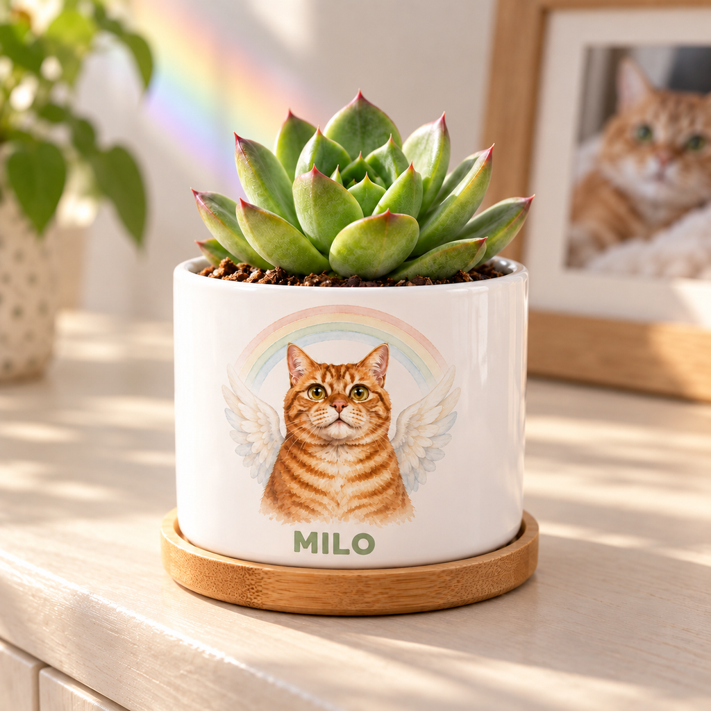 Rainbow Bridge Wings personalized pet plant pot side-angle lifestyle