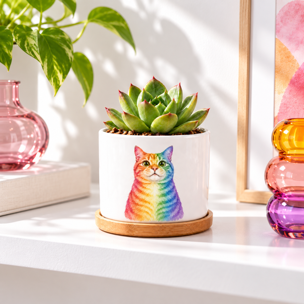 Rainbow Soul personalized pet plant pot in a real-life setting
