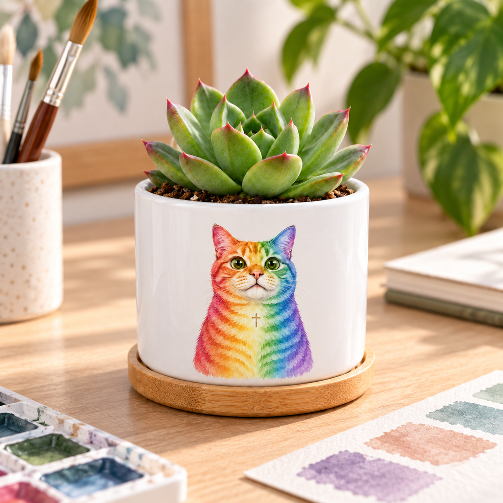 Rainbow Soul personalized pet plant pot side-angle lifestyle
