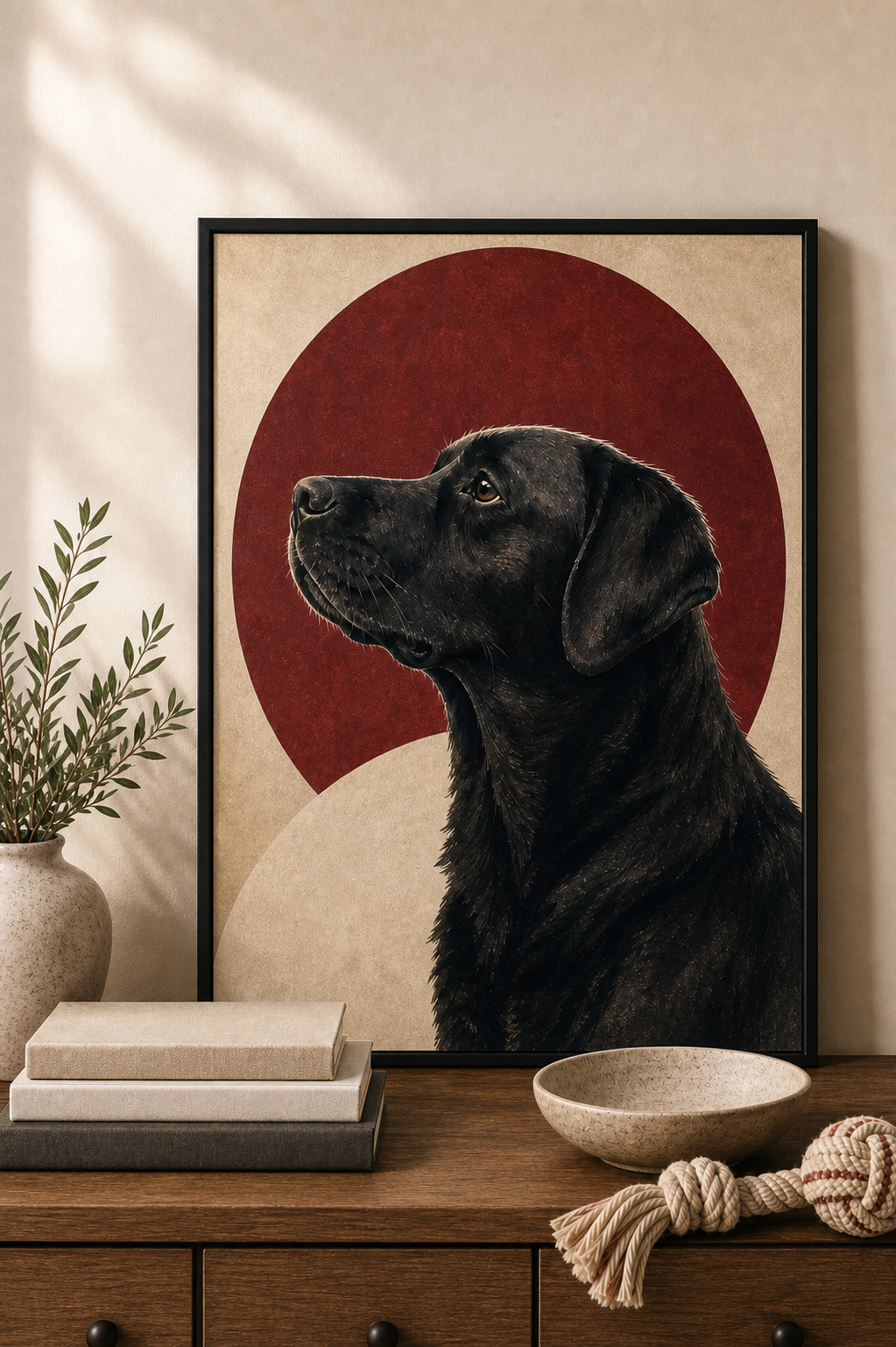 Red personalized dog framed art print with black frame by Fiorpaw