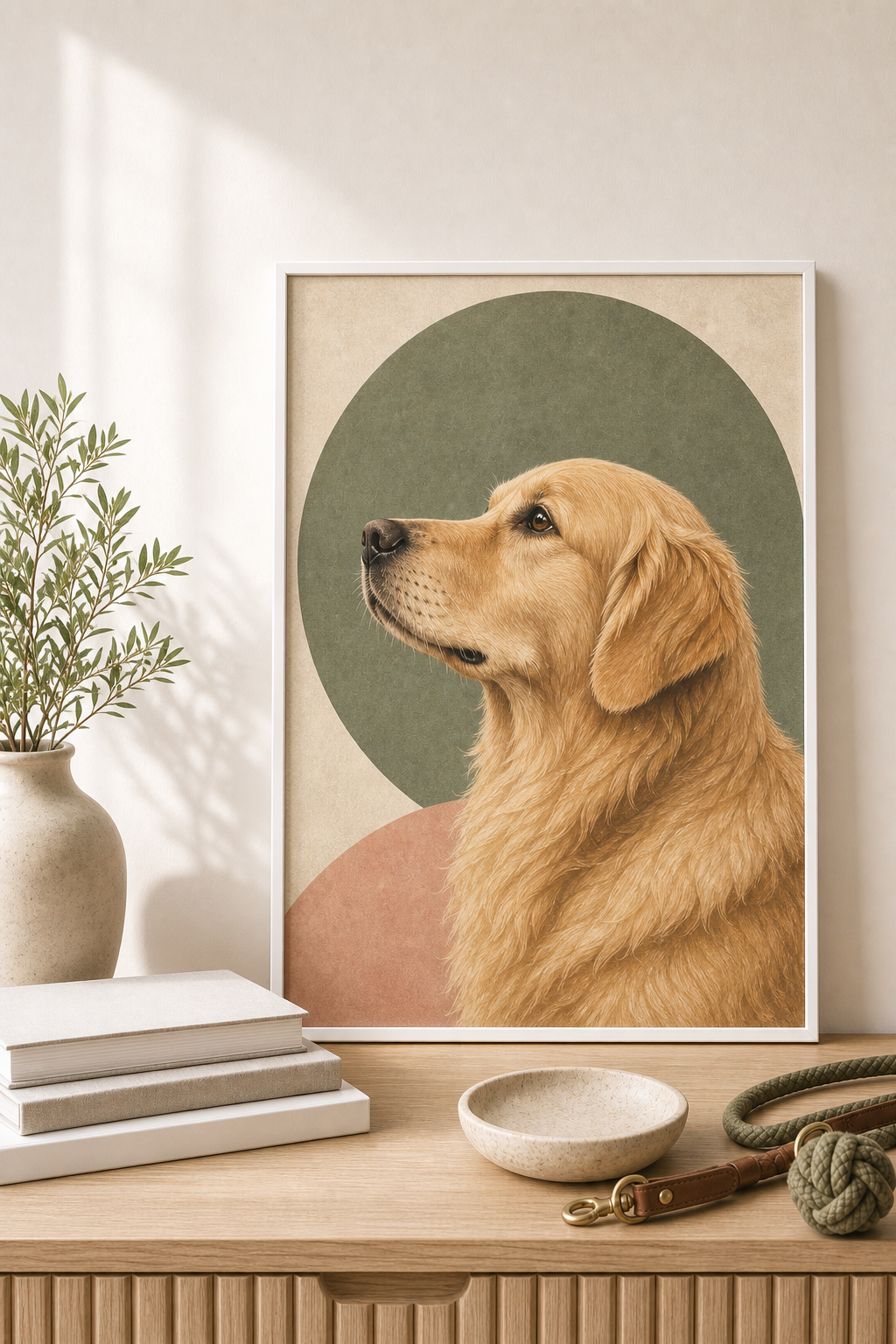Personalized dog framed art print with white frame and sage color palette by Fiorpaw