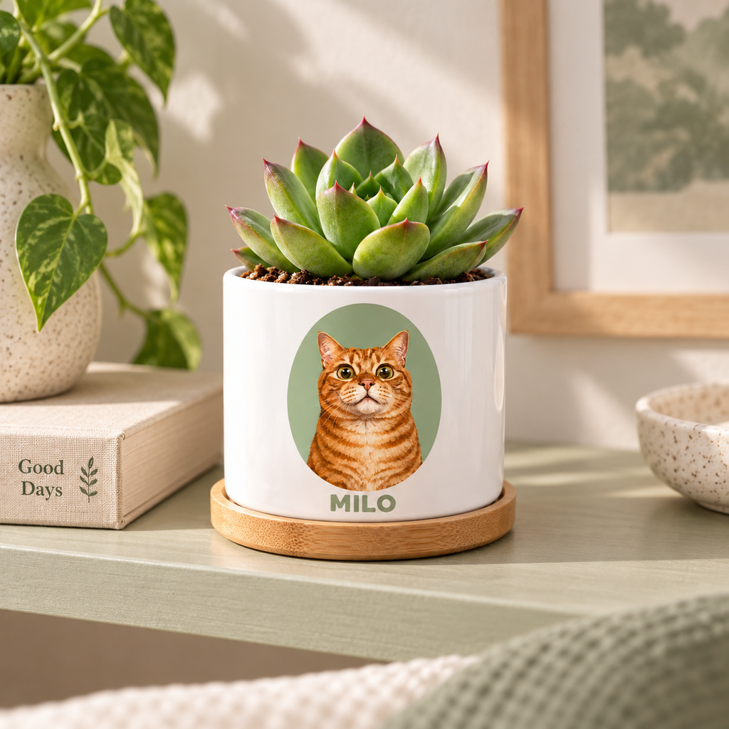 Sage Portrait personalized pet plant pot in a real-life setting