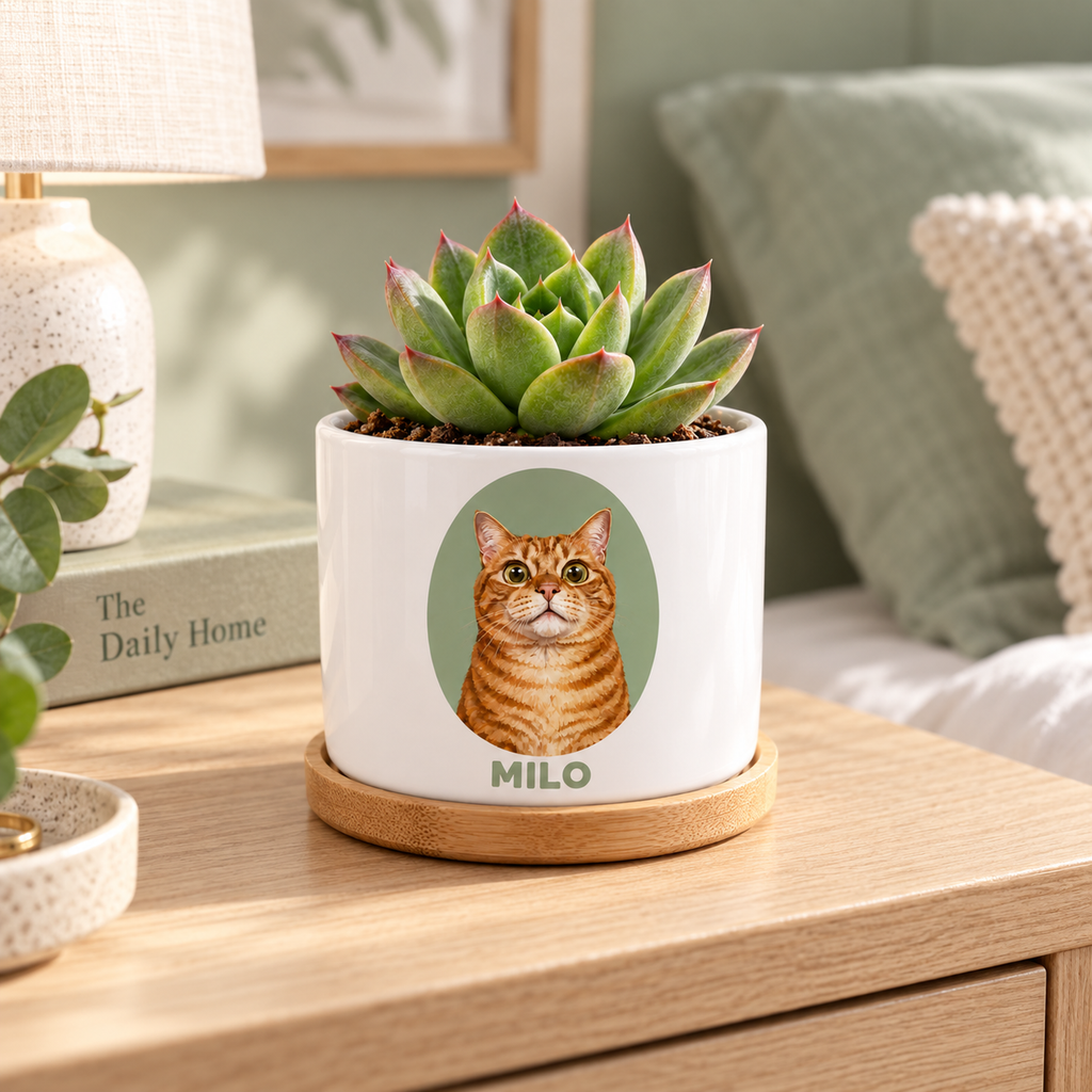 Sage Portrait personalized pet plant pot side-angle lifestyle
