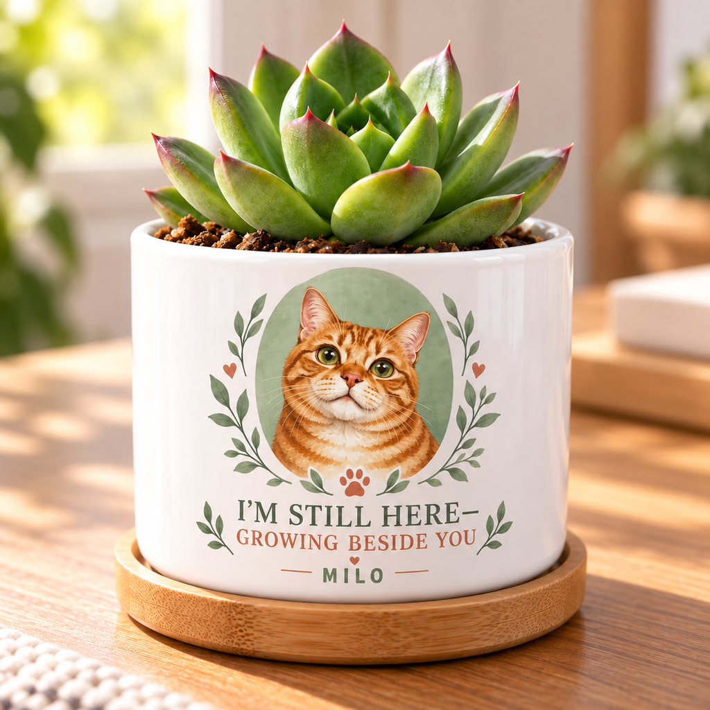 Still Here, Growing Beside You personalized pet plant pot close-up