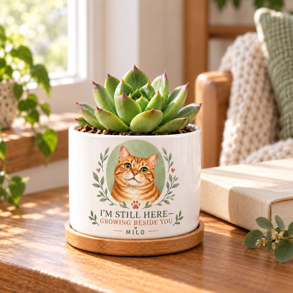 Still Here, Growing Beside You personalized pet plant pot in a real-life setting