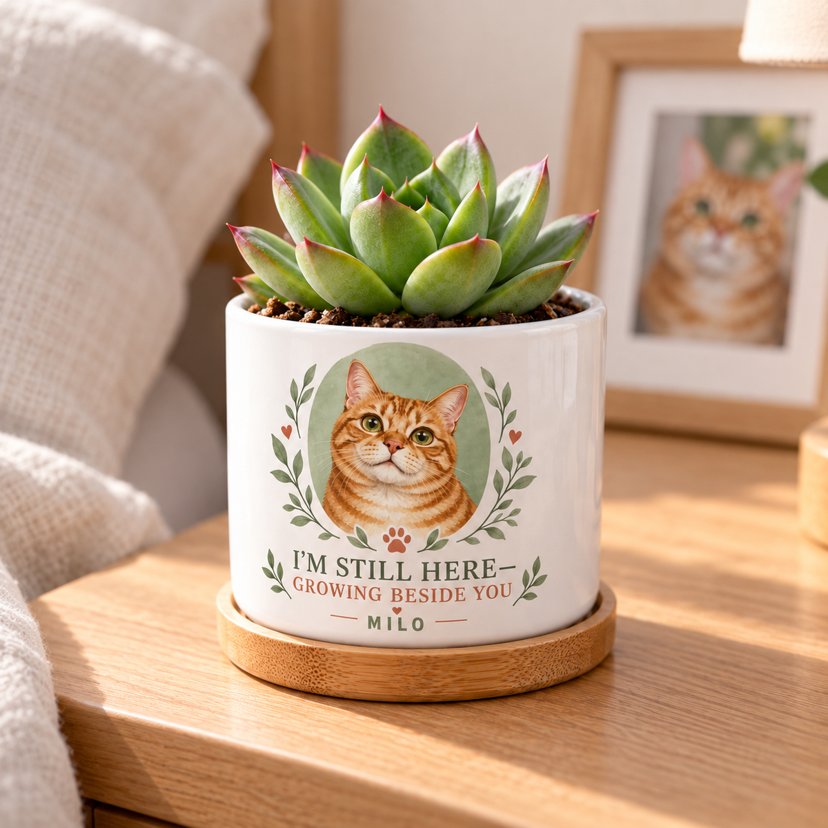 Still Here, Growing Beside You personalized pet plant pot side-angle lifestyle
