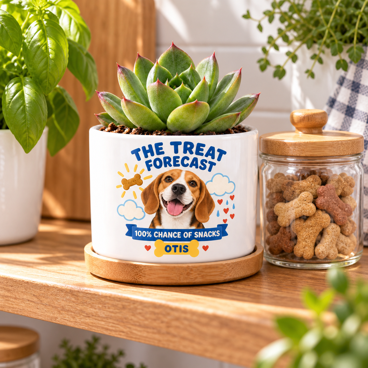 The Treat Forecast personalized pet plant pot in a real-life setting