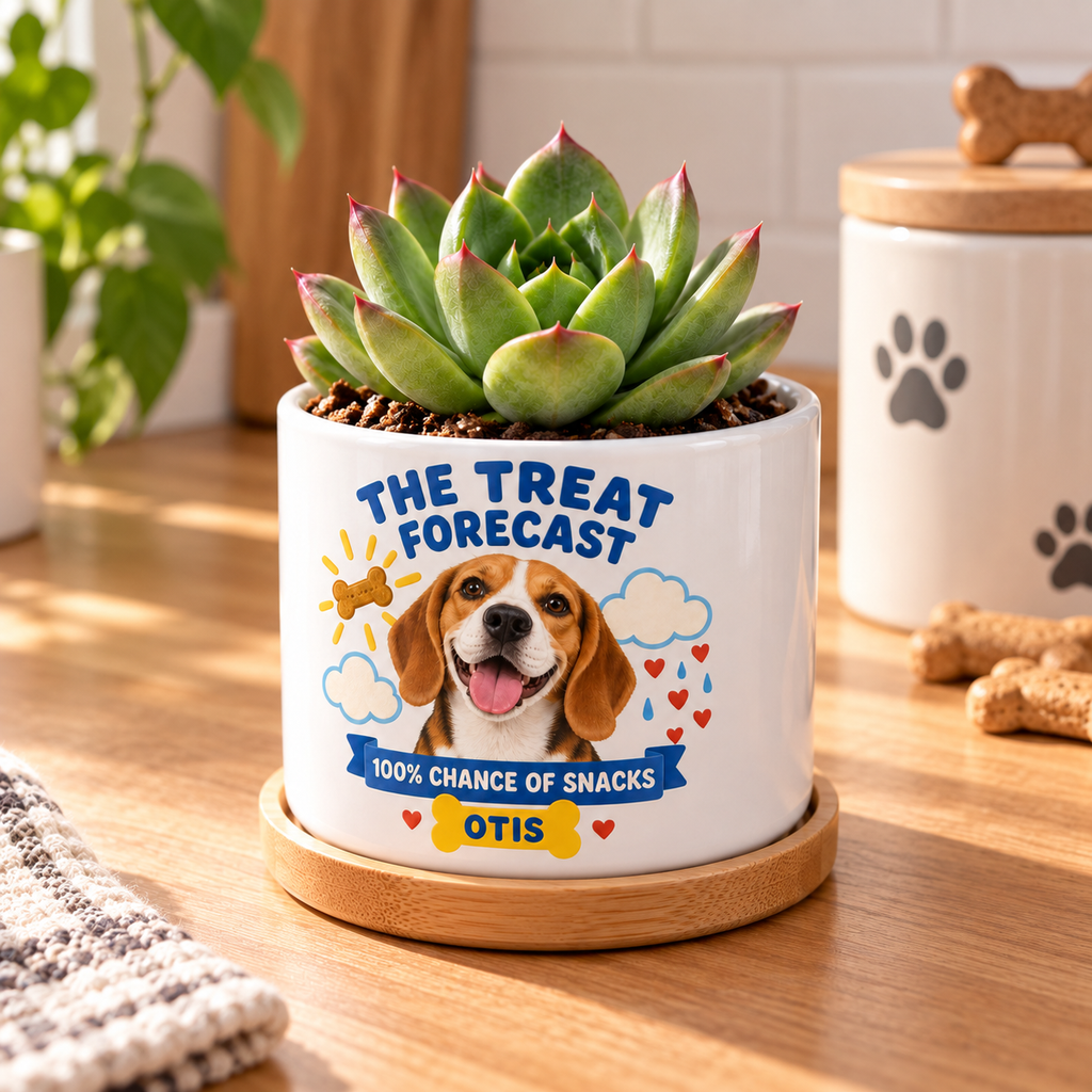 The Treat Forecast personalized pet plant pot side-angle lifestyle