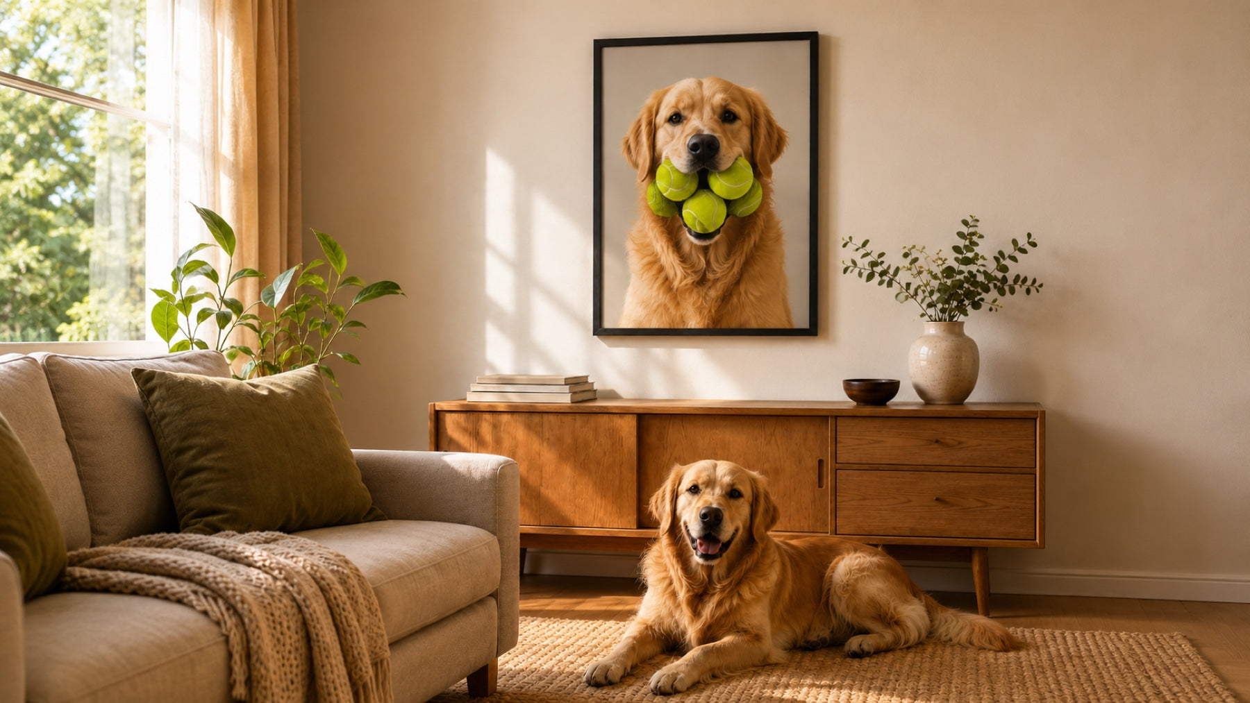 Golden retriever in a warm living room with matching custom framed dog wall art