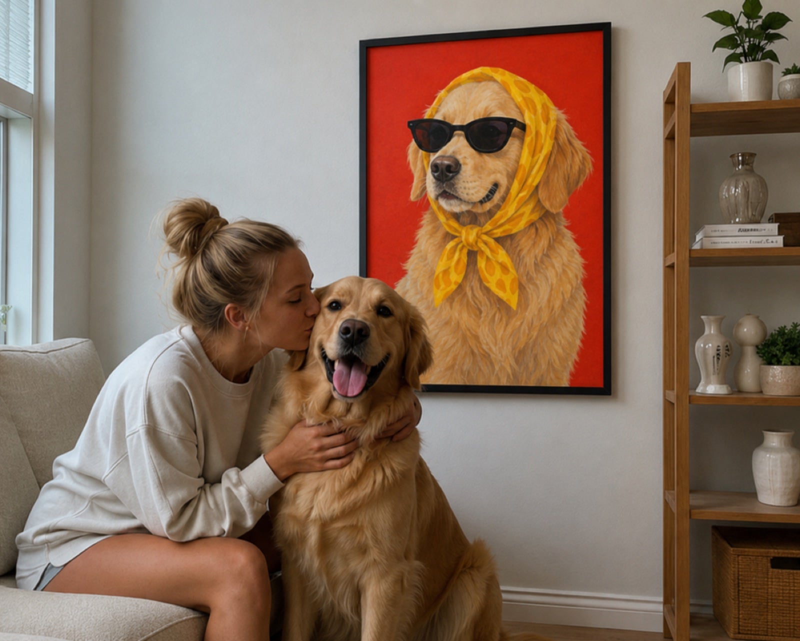 Customer review photo of a golden retriever sitting with owner beside a custom framed dog portrait