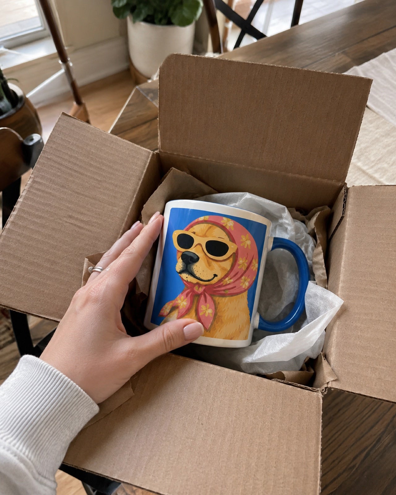 Customer unboxing photo of a custom dog mug inside shipping packaging
