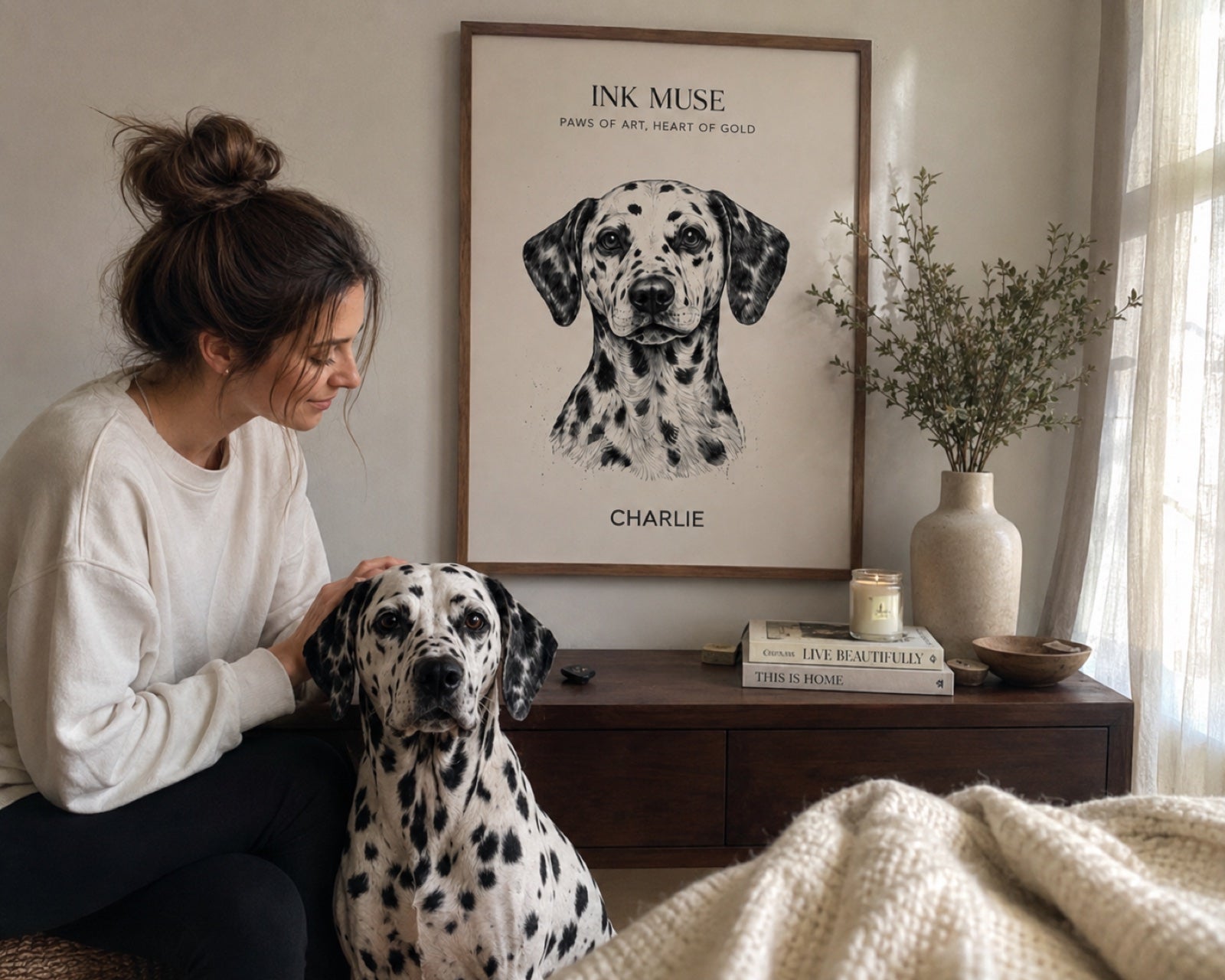 Customer review photo of a Dalmatian beside a custom framed dog poster