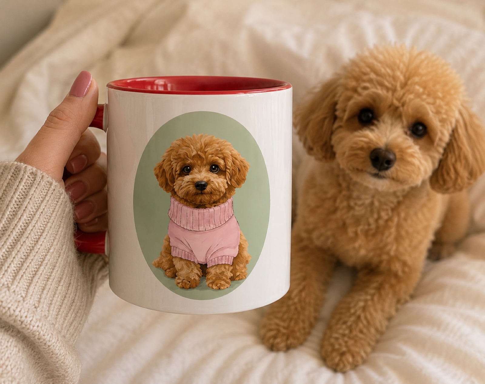 Customer review photo of a custom dog mug with a small poodle on a bed