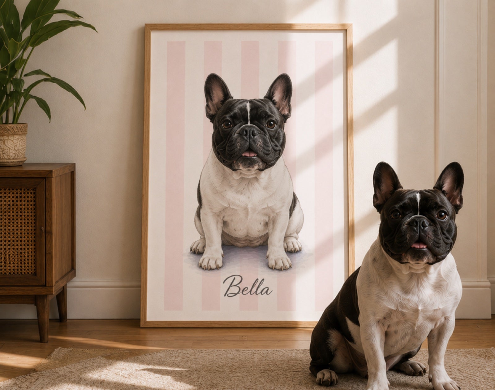 Customer review photo of a French bulldog beside a personalized framed pet portrait